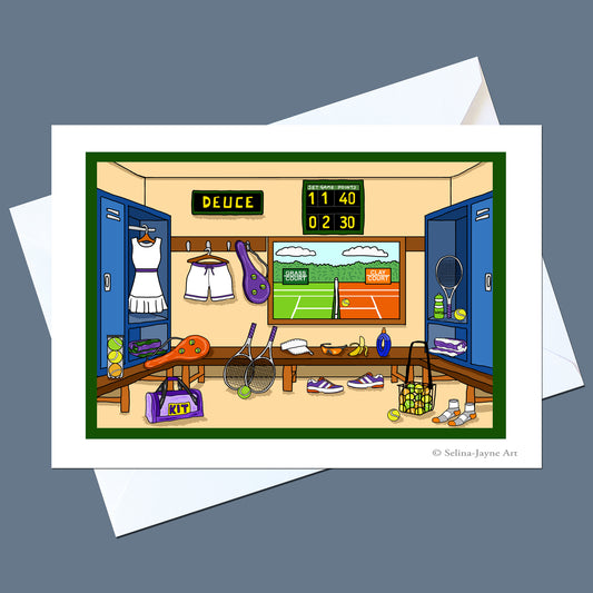 A square art print or card showing a cartoon tennis locker room scene, displayed on top of white envelopes against a dark blue-gray background. The illustration includes lockers, rackets, a scoreboard reading 'DEUCE', shoes, bags, and sports gear.