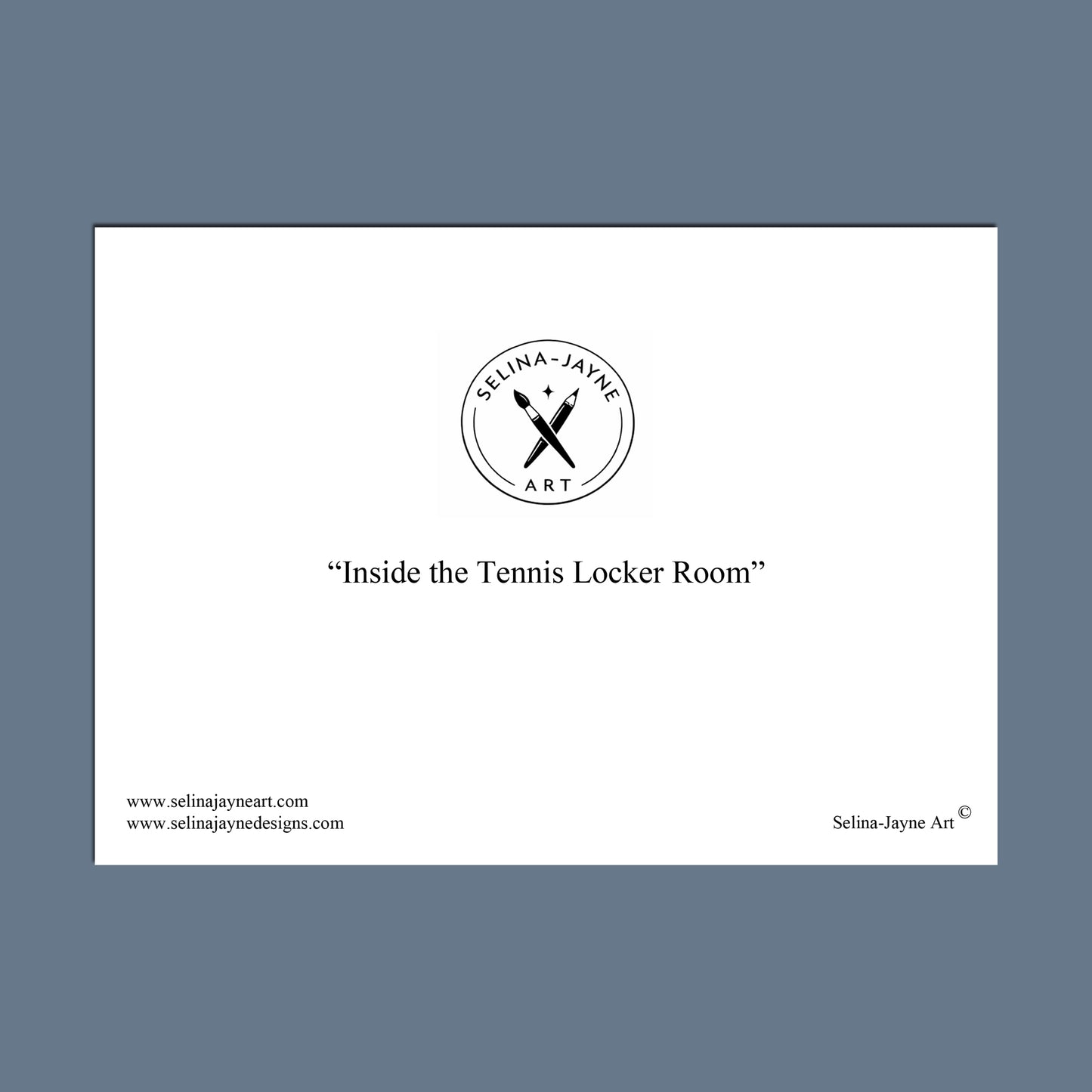 A minimalist art print featuring the text 'Inside the Tennis Locker Room' with the Selina Jayne Art logo centered above it, set against a solid slate blue background.