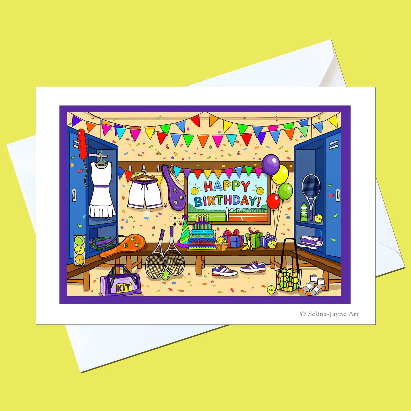 A greeting card featuring a colorful cartoon illustration of a tennis-themed birthday locker room, shown with a white envelope on a pale yellow background. The card includes the text 'Happy Birthday!' and a small artist signature in the bottom right corner.