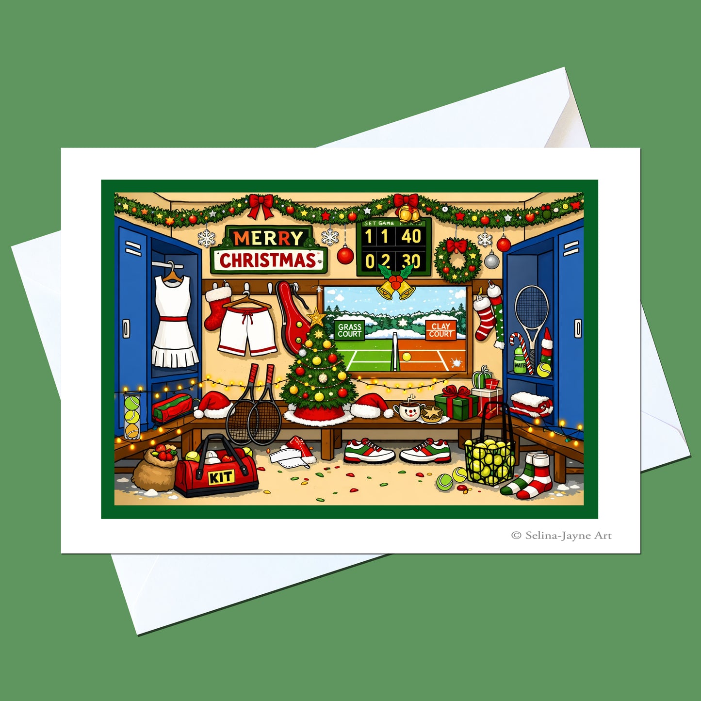 A Christmas-themed tennis court locker room illustration printed on a white card, shown with white envelopes on a solid green background. The scene includes blue lockers, a Christmas tree, tennis rackets, shoes, and a scoreboard with the text 'MERRY CHRISTMAS'.