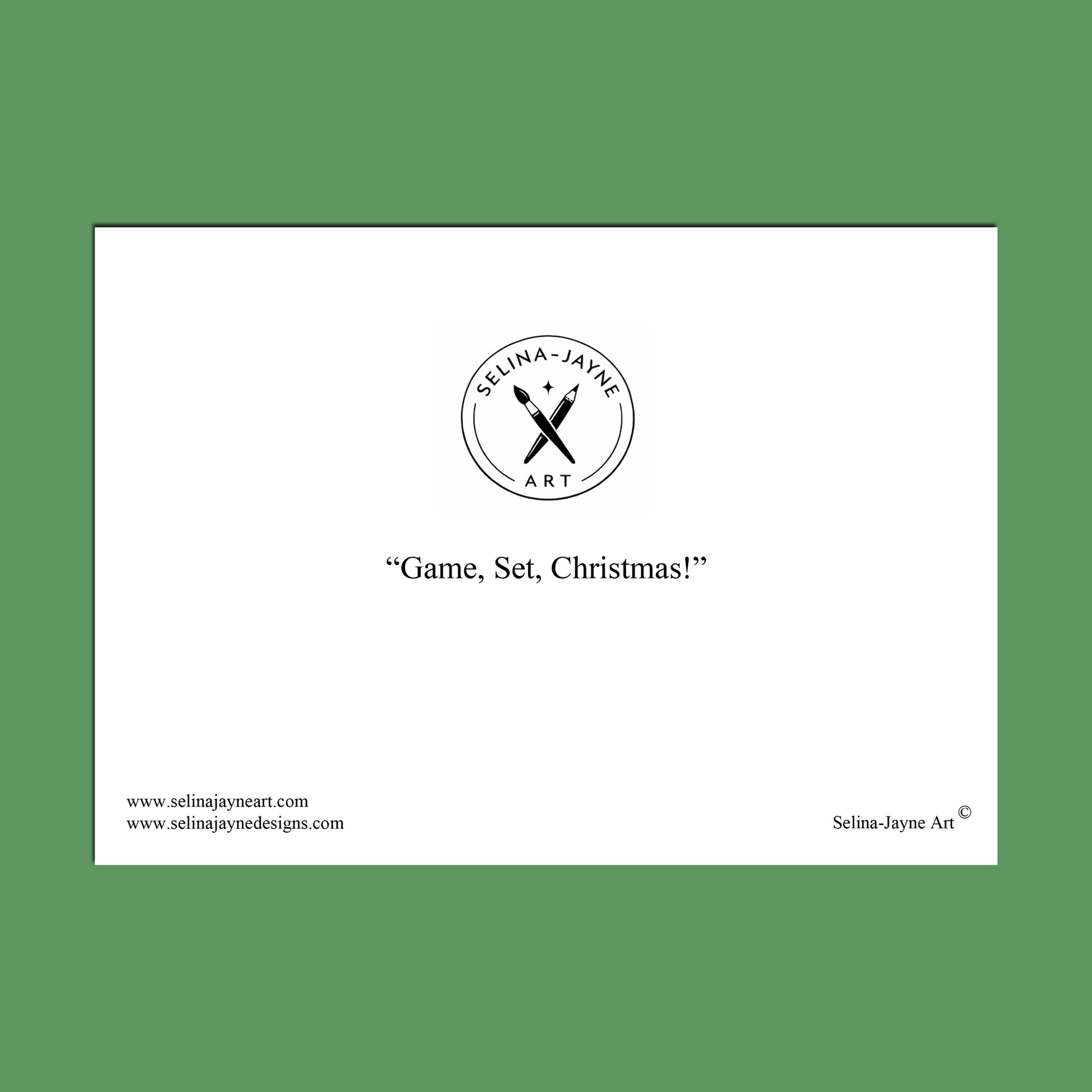 A white rectangular print or card centered on a solid green background, featuring the circular Selina Jayne Art logo and the text “Festive Shift at the Station!” with website text along the bottom.