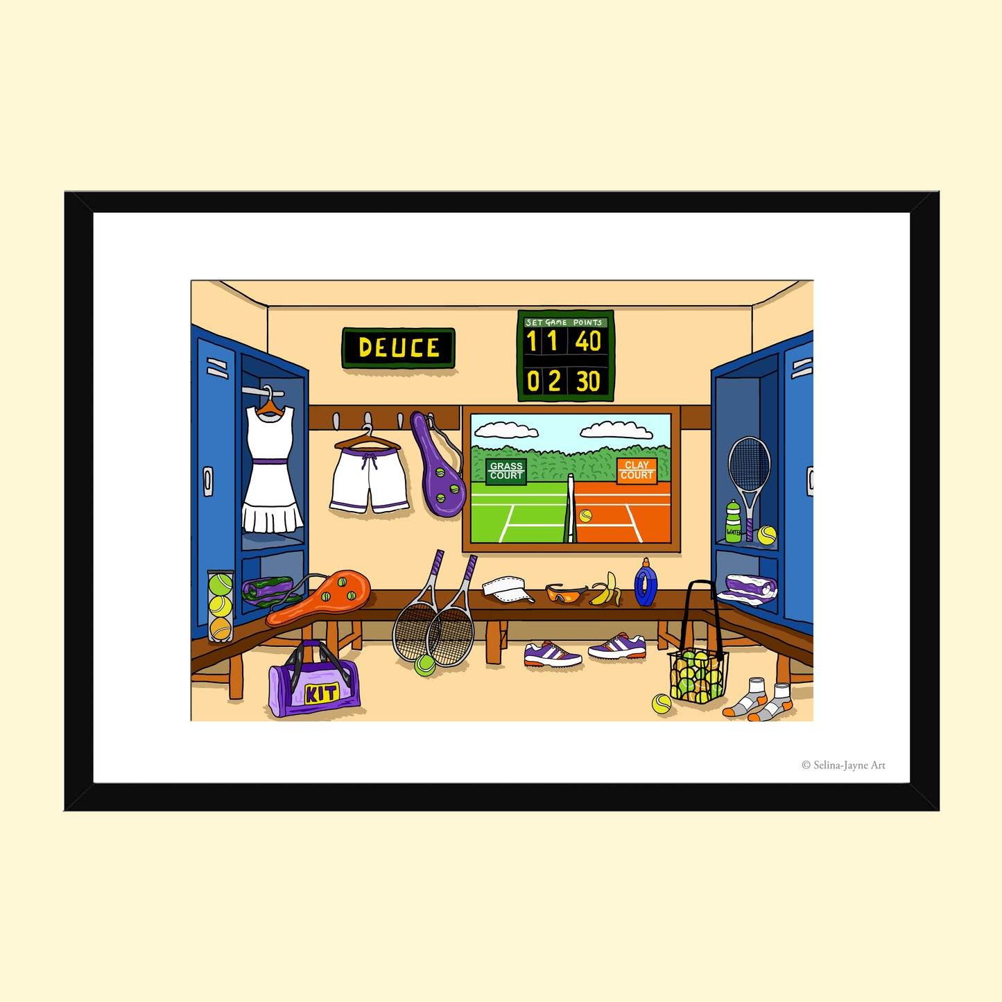 A framed cartoon art print depicting a tennis locker room scene with lockers, scoreboard, racket, shoes, bags, and court view, shown on a pale yellow background.