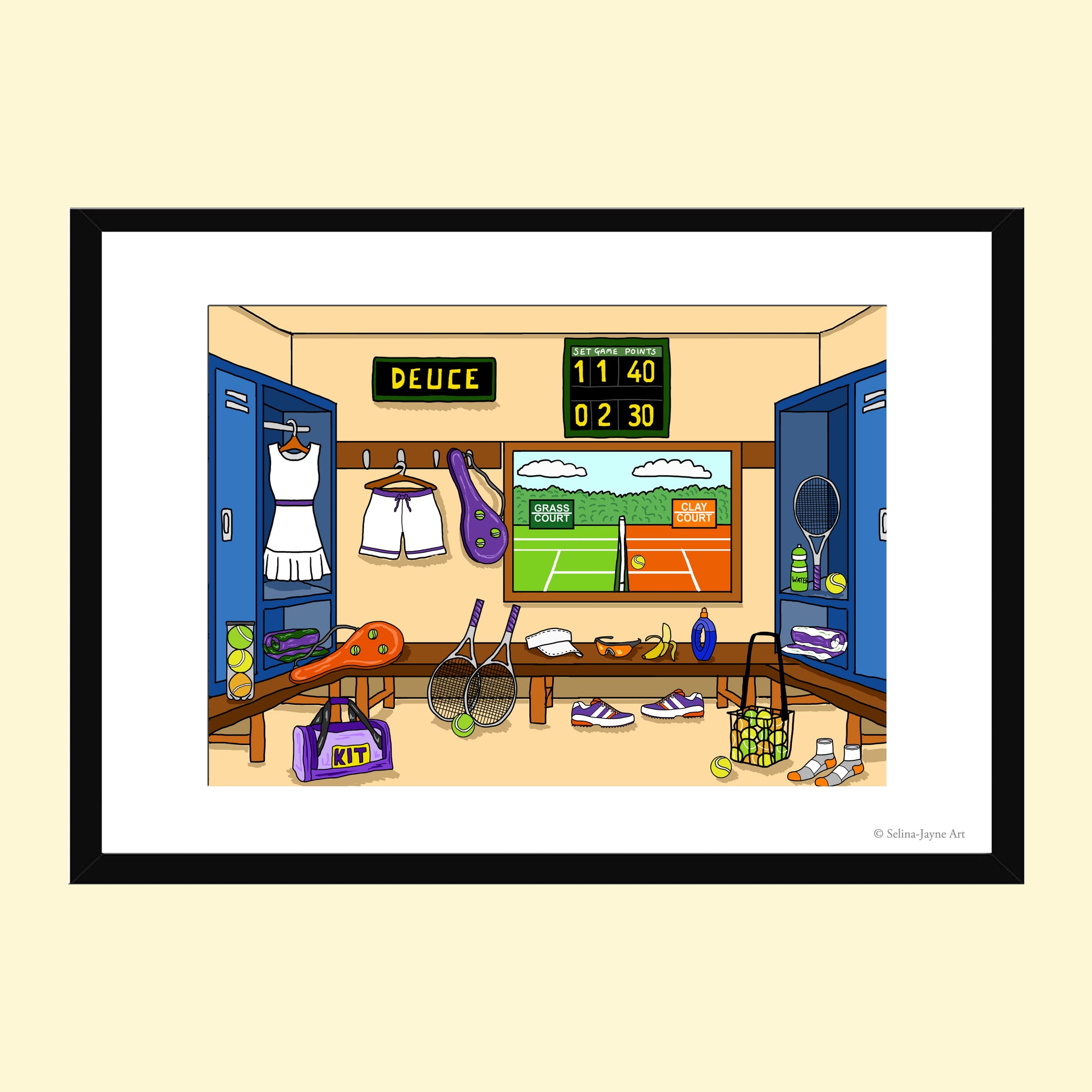 A framed cartoon art print depicting a tennis locker room scene with lockers, scoreboard, racket, shoes, bags, and court view, shown on a pale yellow background.