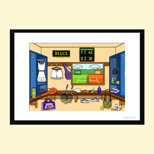 A framed cartoon art print depicting a tennis locker room scene with lockers, scoreboard, racket, shoes, bags, and court view, shown on a pale yellow background.