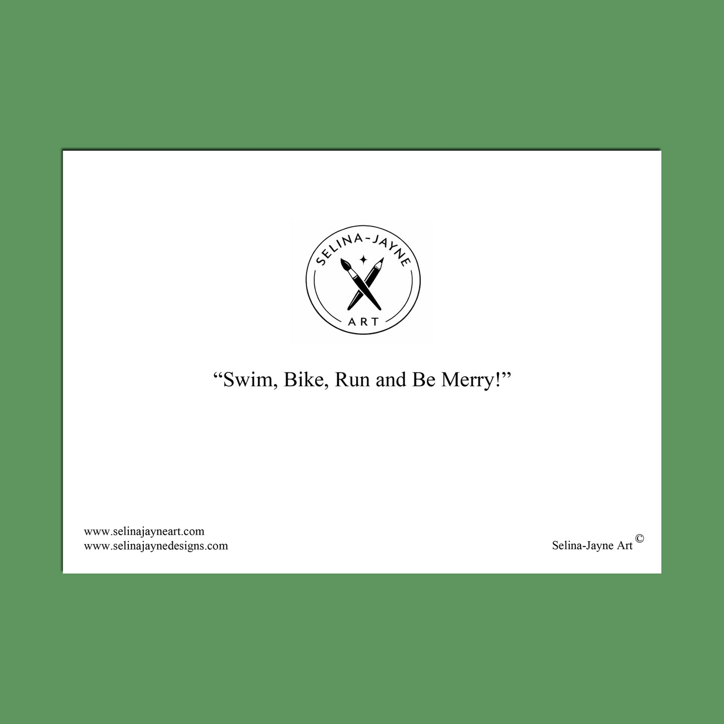 A white rectangular print or card centered on a solid green background, featuring the circular Selina Jayne Art logo and the text “Festive Shift at the Station!” with website text along the bottom.