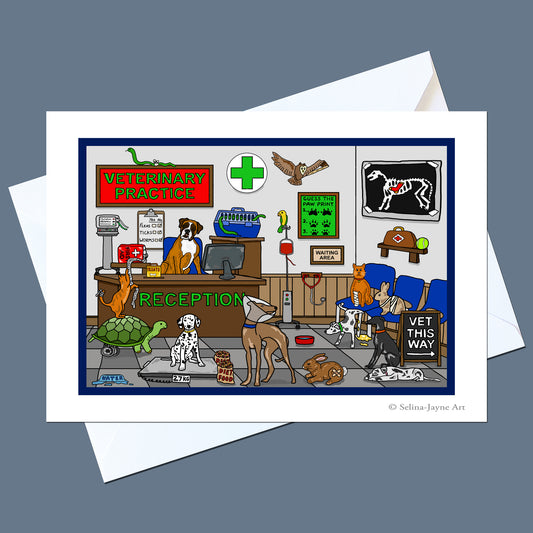A cartoon art print titled 'Veterinary Practice' showing various animals in a vet office, displayed on a white envelope against a slate blue background.