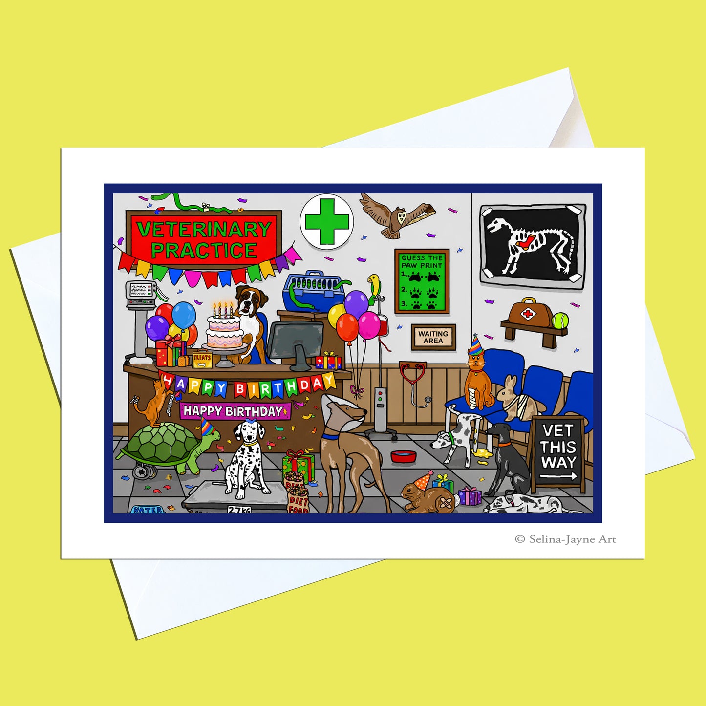 A white greeting card with a colorful cartoon illustration of a veterinary practice scene, shown with white envelopes on a pale yellow background. The card includes the text 'Happy Birthday' and 'Veterinary Practice' with various whimsical medical and birthday-themed details.
