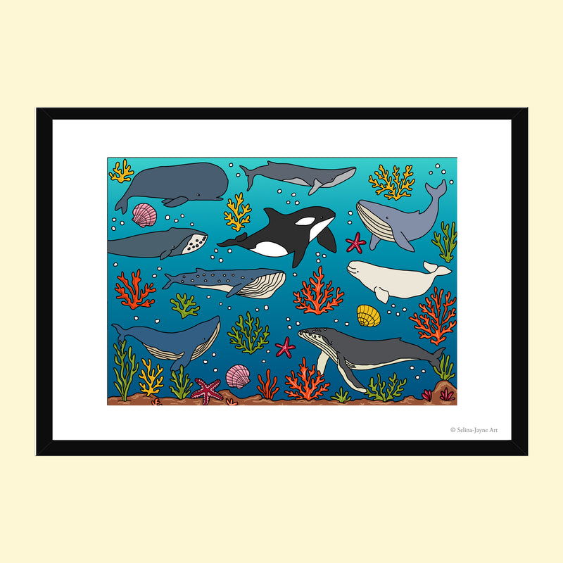 Whales Among Coral Gardens Limited Edition Framed Fine Art Print by Selina-Jayne in Black Frame - Giclée Wall Art