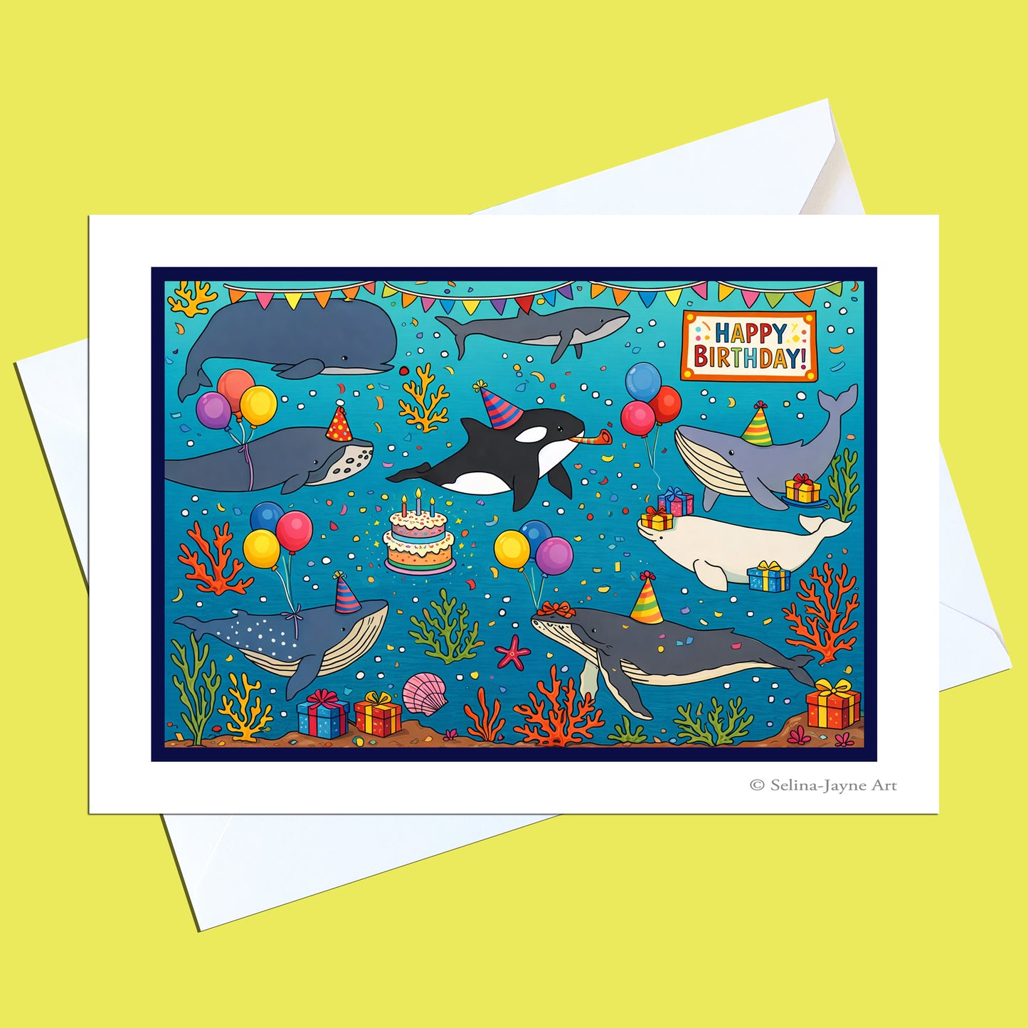 A birthday greeting card featuring a colorful underwater scene with whales, an orca, balloons, a birthday cake, gifts, and the words 'HAPPY BIRTHDAY!' in a playful illustrated style. The card is shown with white envelopes on a bright yellow background.