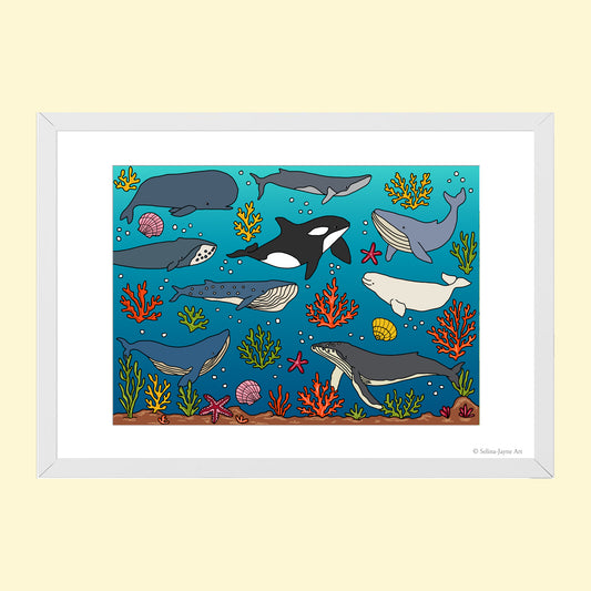 Whales Among Coral Gardens Limited Edition Framed Fine Art Print by Selina-Jayne in White Frame - Giclée Wall Art