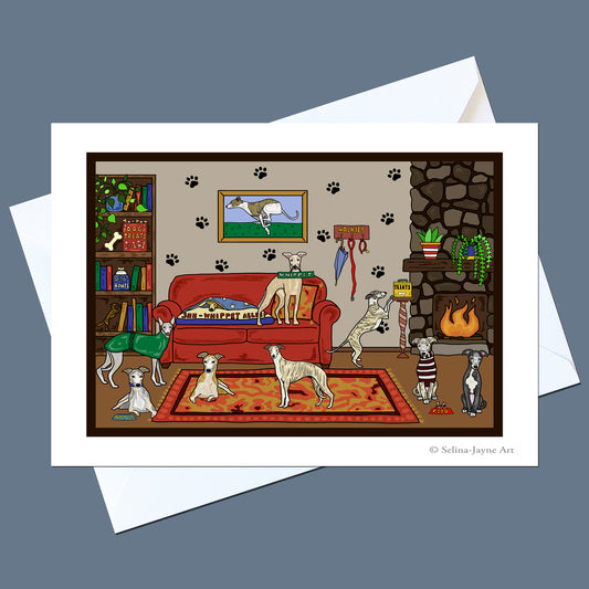 A square art print showing several dogs in a cozy living room, displayed on top of white envelopes against a slate blue background. The print features a red sofa, fireplace, bookshelf, and patterned rug with illustrated dogs throughout.