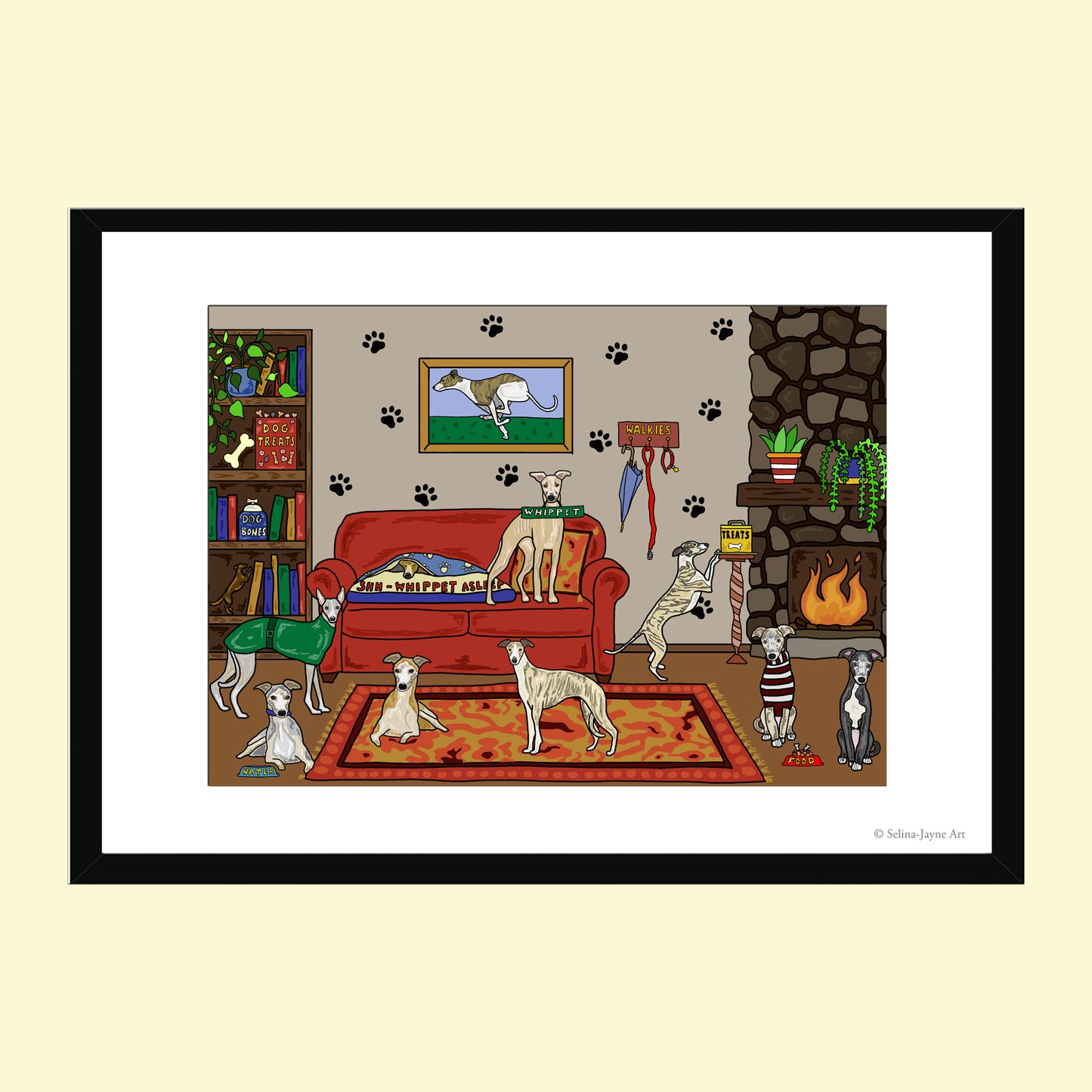 Whippet Dogs Limited Edition Framed Fine Art Print by Selina-Jayne in Black Frame - Snug as a Whippet Giclée Wall Art