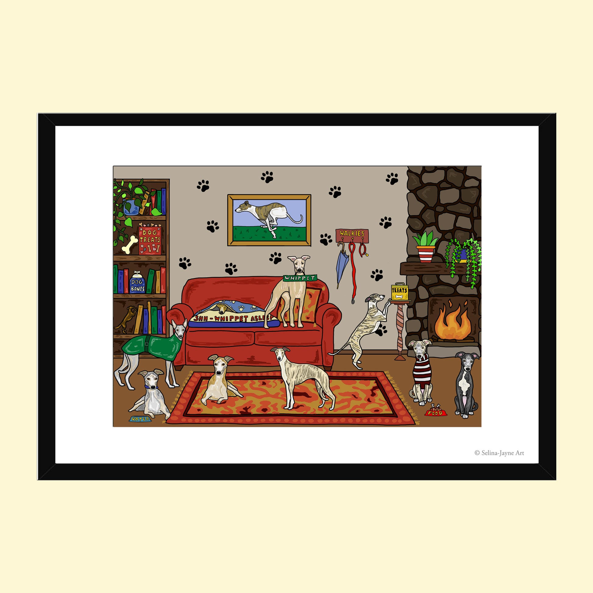 Whippet Dogs Limited Edition Framed Fine Art Print by Selina-Jayne in Black Frame - Snug as a Whippet Giclée Wall Art