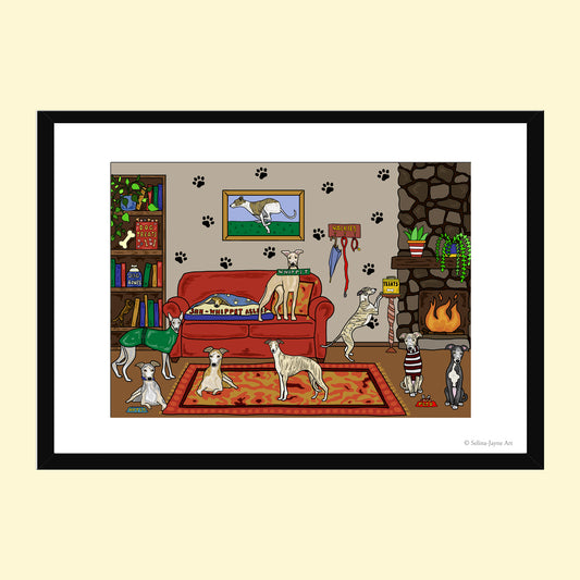 Whippet Dogs Limited Edition Framed Fine Art Print by Selina-Jayne in Black Frame - Snug as a Whippet Giclée Wall Art