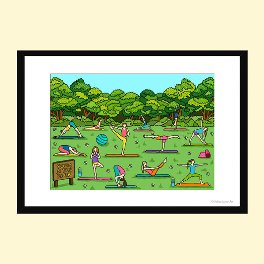 A framed art print featuring a colorful cartoon illustration of people practicing yoga in a park, displayed on a light beige background.