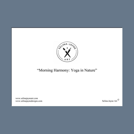 A minimalist art print or poster featuring a black circular logo for 'Selina Jayne Art' with crossed tools and the text 'Morning Harmony: Yoga in Nature' on a white rectangular background, centered against a muted slate blue backdrop.